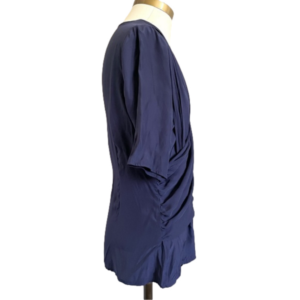 Blue Crisscross Drape Front Short Sleeve Silk Blouse - S - Picture 4 of 9